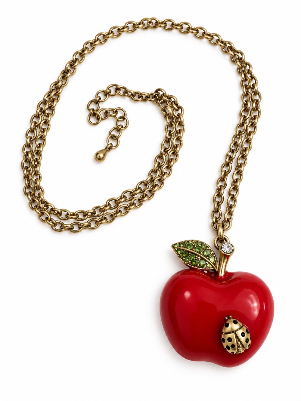 Vintage Apple Pendant Necklace Red Enamel Rhinestone Ladybug Statement Jewelry’